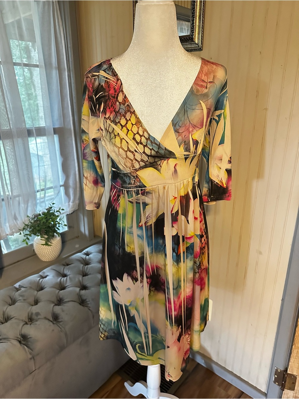 Body Central L Floral Print Fit & Flare Dress 3/4 Sleeve Faux Wrap Stretch Y2K